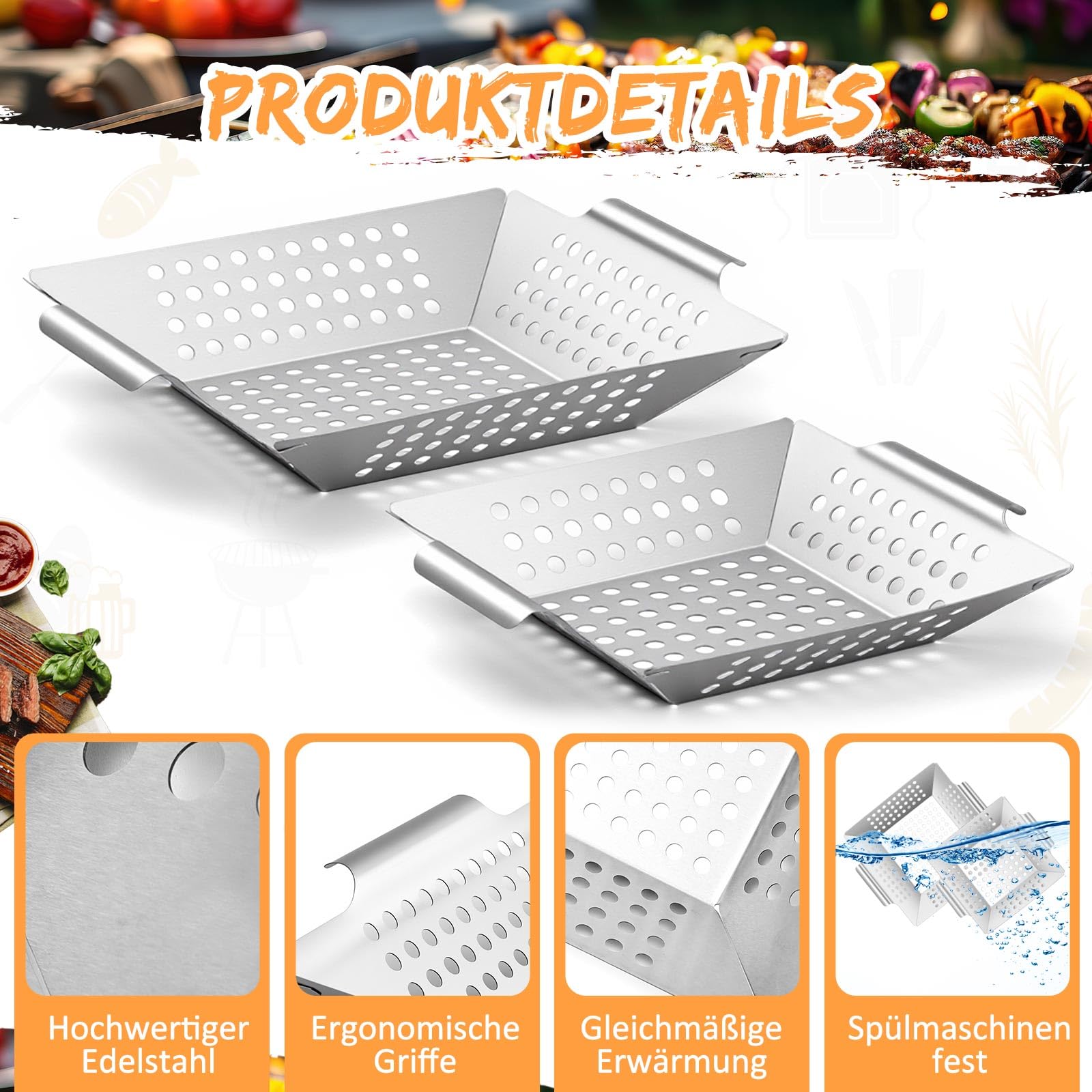 Geiserailie Grillkorb 2er-Pack M/L (20,5x24,5x4cm/ 31x26x6cm) Grillschale aus Edelstahl für Gemüse Fleisch Fisch Gas- Elektro- Holzkohlegrill Spülmaschinenfest Rostfrei