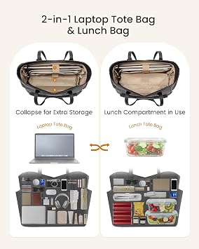 LOVEVOOK Lunch Bag for Women,2 in 1 PU Work Tote Bag with Lunch Compartment with Giant Tumbler Side Pocket, 15.6 Laptop Tote Bag with Padded Sleeve for Teacher,Nurse,College