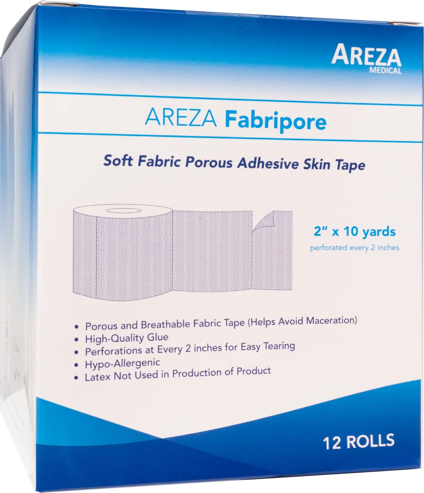 Areza Medical Surgical Tape - Porous Skin Soft Fabric Cloth Adhesive Tape - Fabripore - 2" x 10 yds. (5 cm x 9 m) - 12 Rolls per Box - FSA/HSA Approved