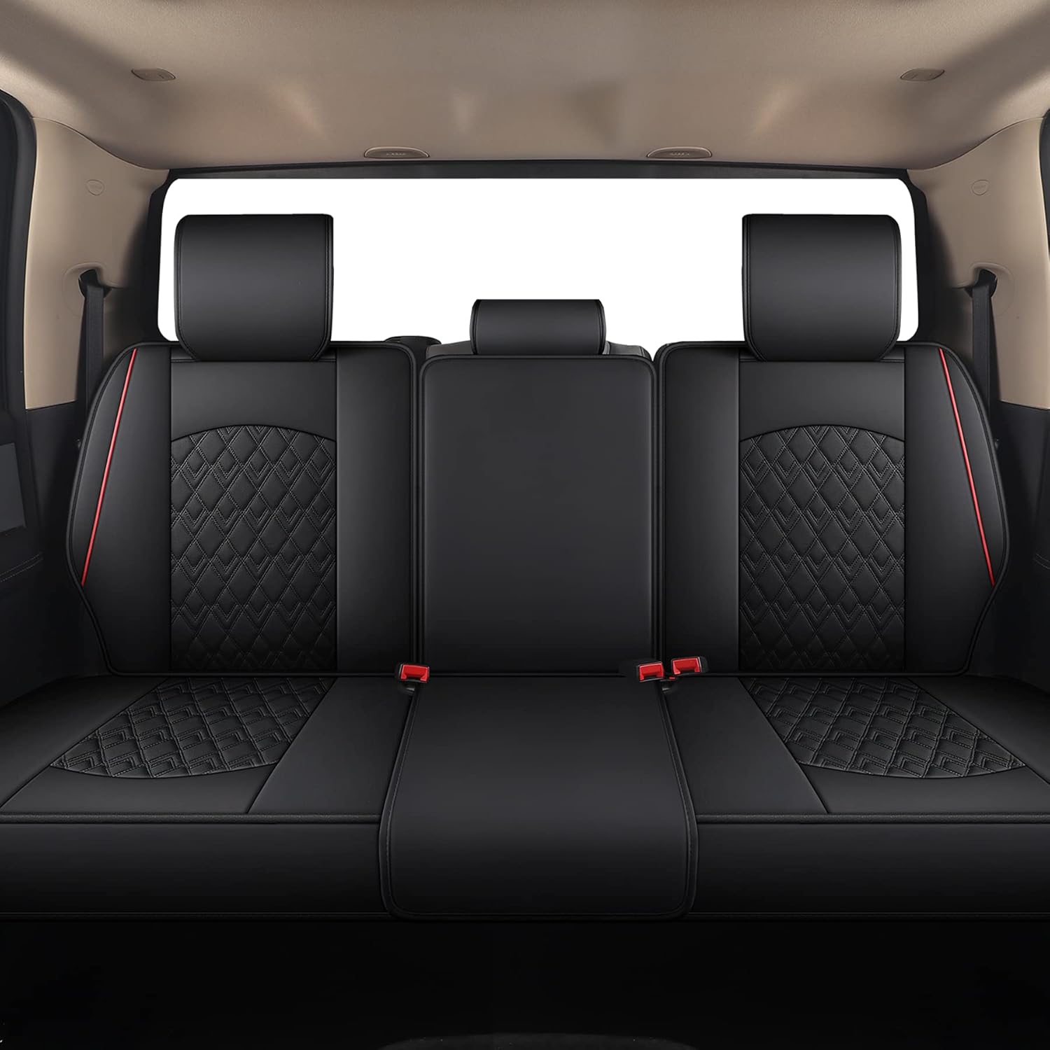 JOJOBAY Car Seat Covers for Dodge Ram,Fit 2009-2025 1500/2500/3500 HD Pick-up Truck,Crew,Regular,Quad,Mega Cab,Waterproof Synthetic Leather Seat Covers (Rear Seat Cover,BlackRed)