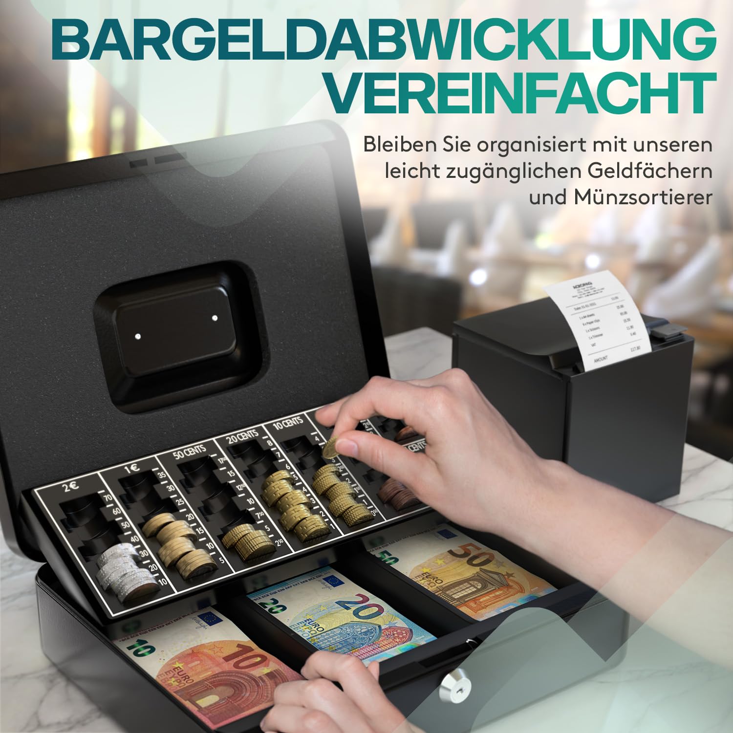 ACROPAQ Geldkassette abschließbar - (30 x 24 x 9 cm), Kasse mit Münzzählbrett, Stahlkonstruktion, Mit 2 enthaltenen Schlüsseln, Schwarz - Geld Kassette zum Abschließen, Geldkasse, Kassa Box