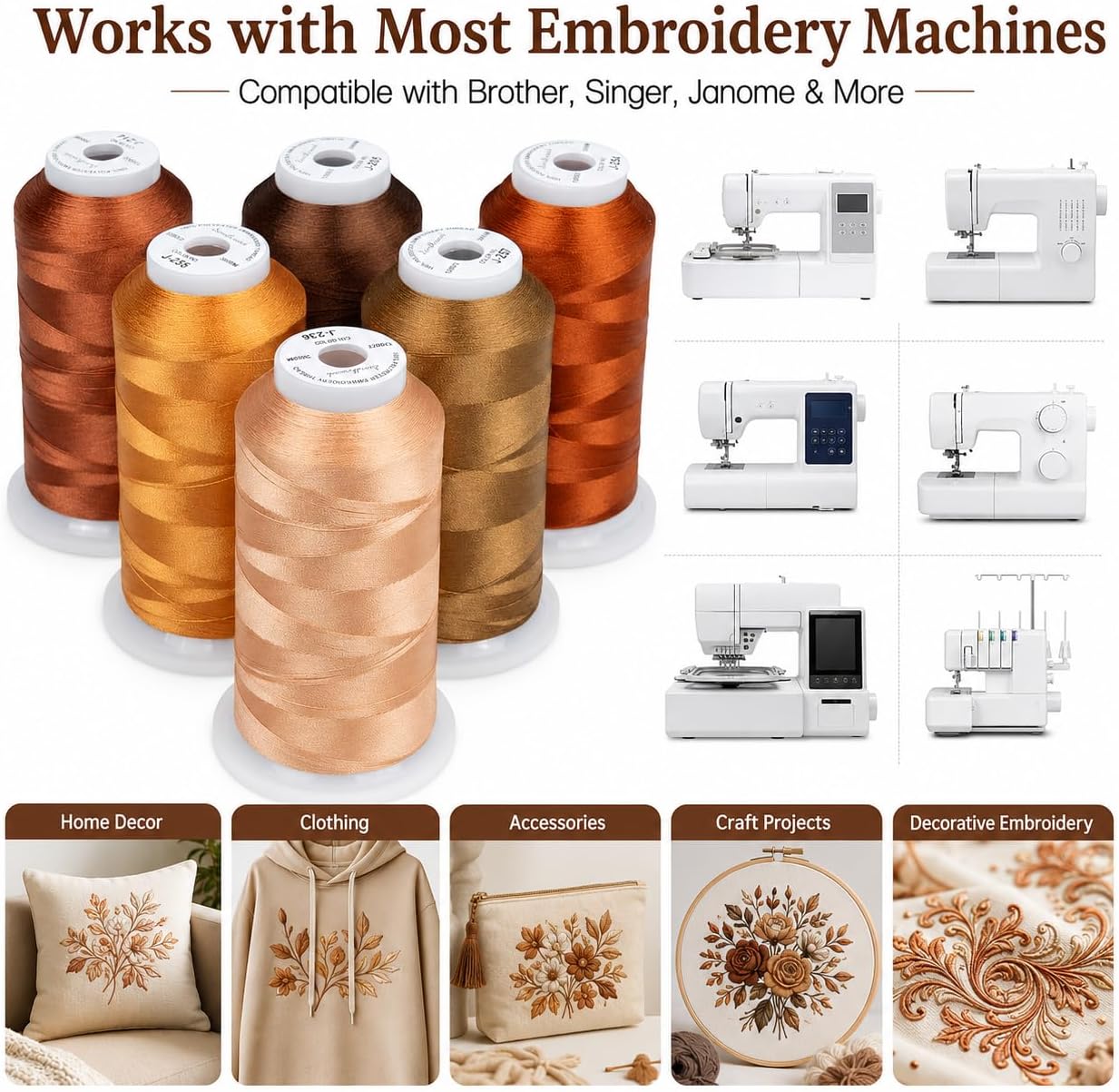 Simthread 6 Spools 3000 Yds 40WT Polyester Embroidery Thread Brown Set image 5