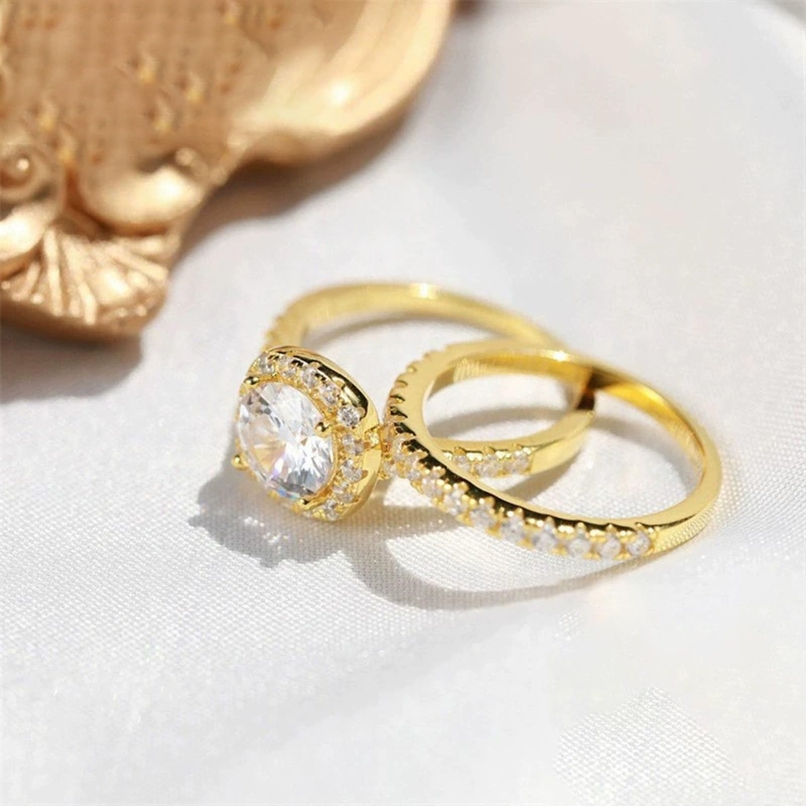 Anello da donna in argento 925 con pavé rotondo e aureola, set di 2 anelli da donna in oro con zirconia cubica da 7 mm