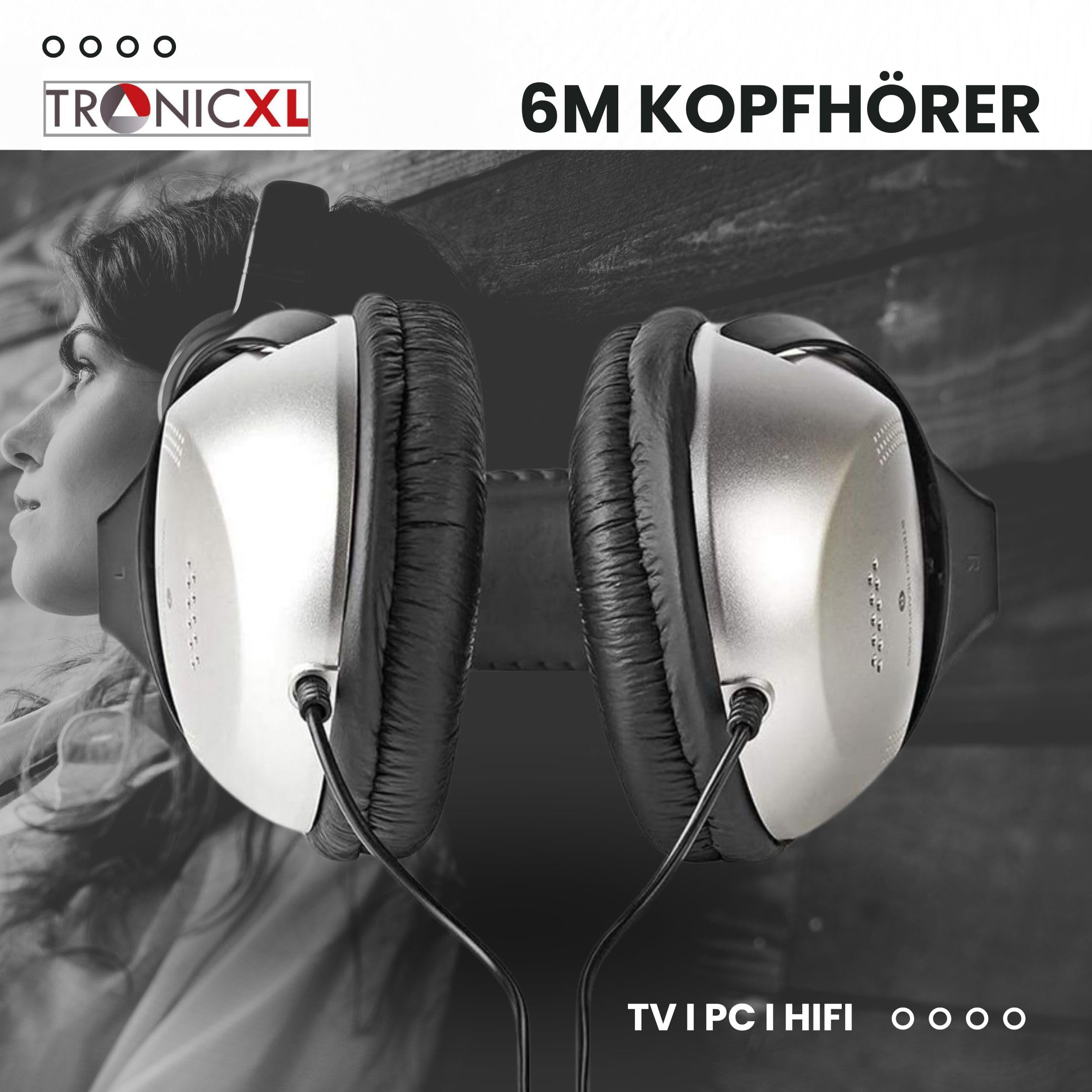 TronicXL Fernsehkopfhörer Stereo 6m Kabel kompatibel Sony LG Panasonic Grundig Samsung