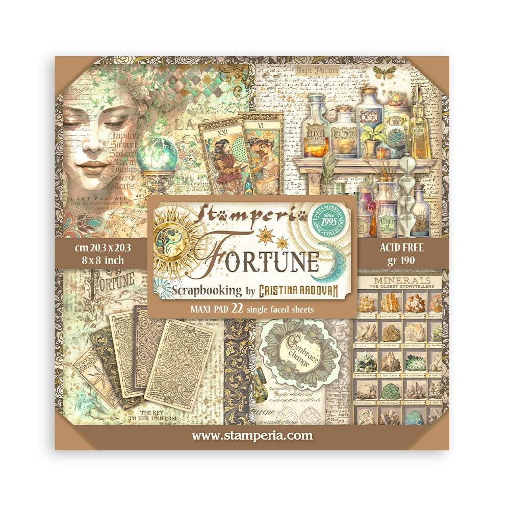 Stamperia - Scrapbook Paper Pad for Scrapbooking, Albums, Card Making, Bullet Journalling and More, Acid Free, Single Face, Perfect for Hobbies, Crafts, and Gifting (Fortune) (20.3 x 20.3 cm)
