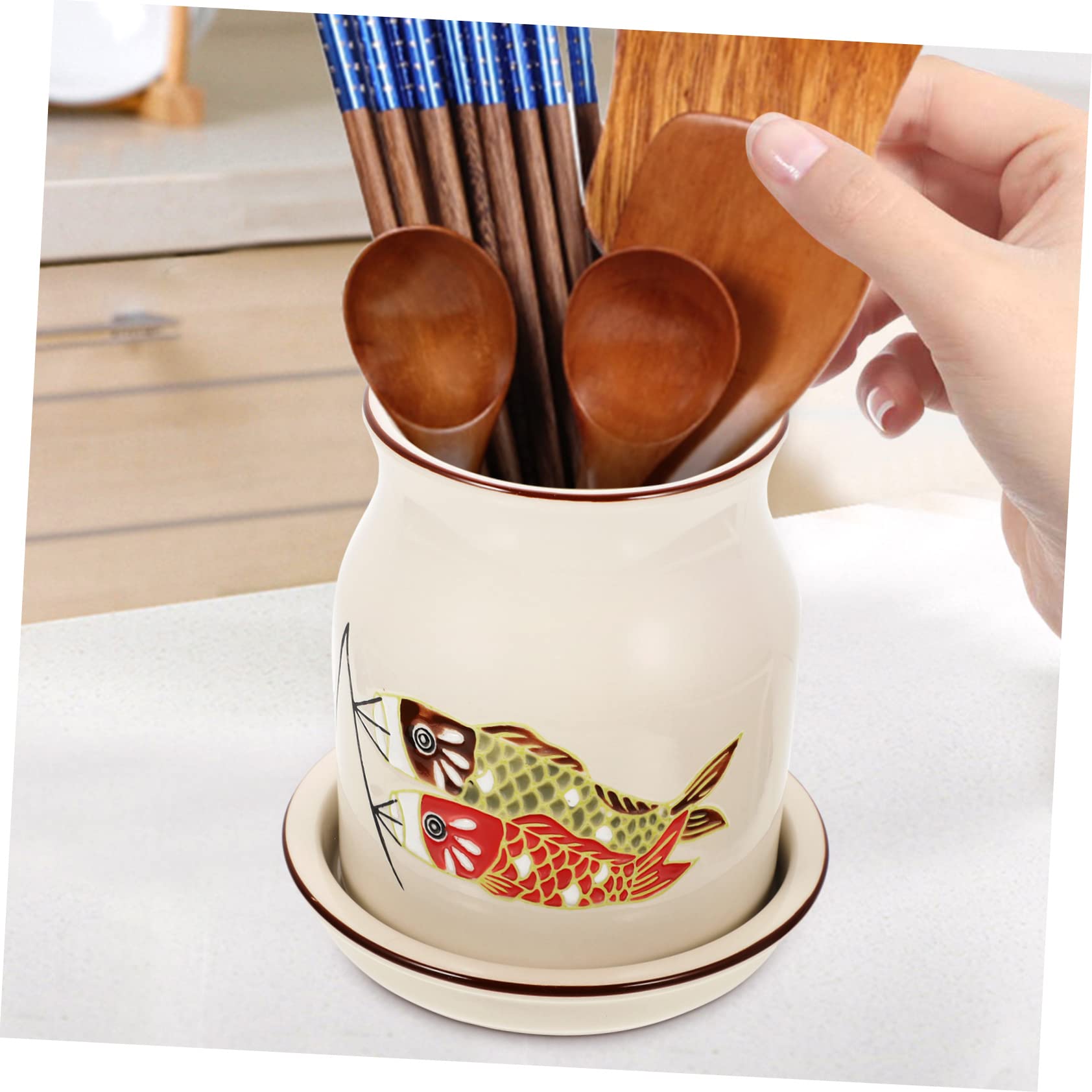 Cabilock Porte-Couverts en Céramique Ustensile en Porcelaine Pot à Ustensiles en Céramique Coutellerie Porte- Titulaire De L'argenterie Ustensiles De Cuisine Usage Quotidien