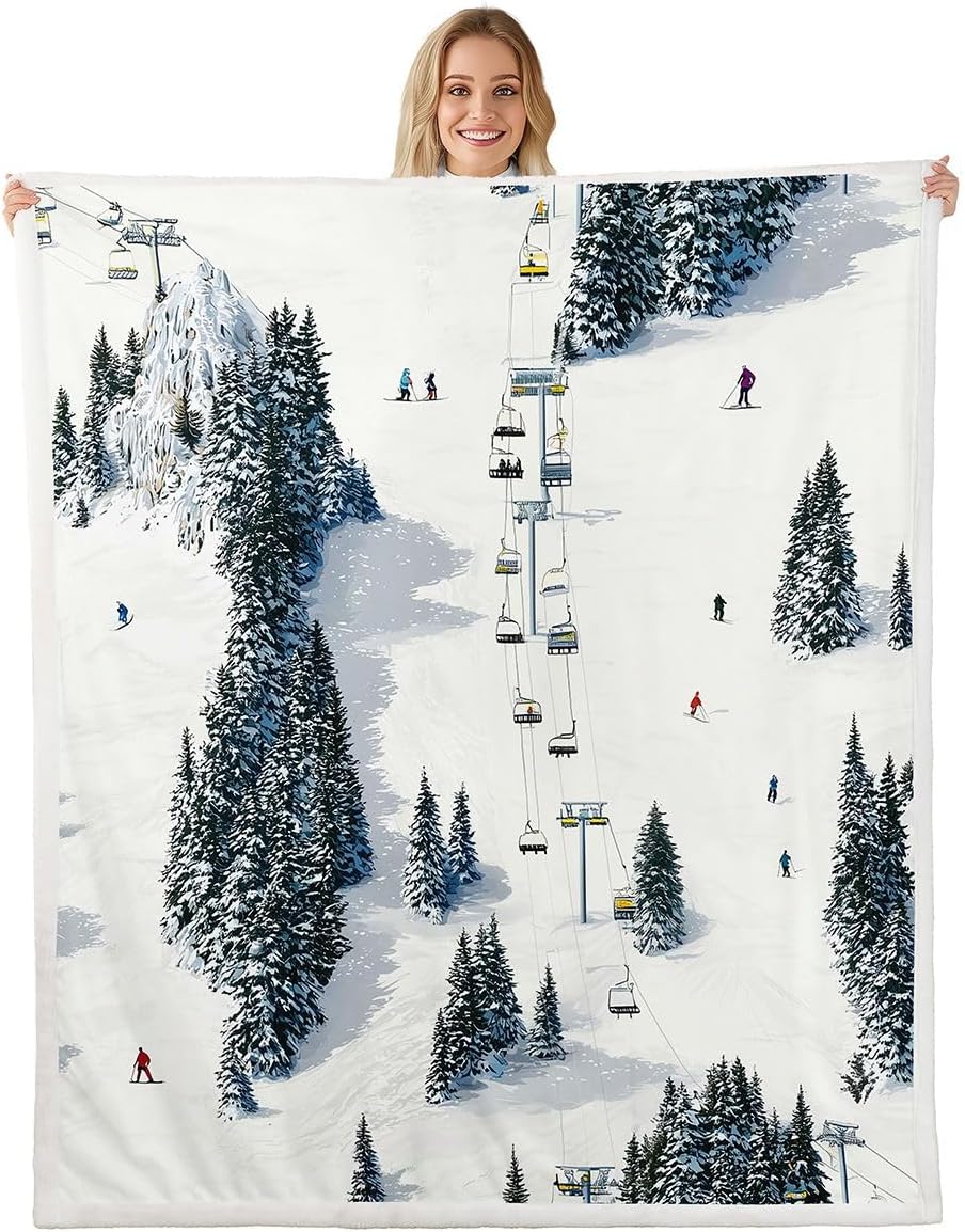 Erosebridal Snow Mountain Skiing Fleece Blanket Queen 90"x90" Winter Sport Warm Plush Sherpa Blanket Woodland Travel Fuzzy Plush Throw Ski Resort Room Decor