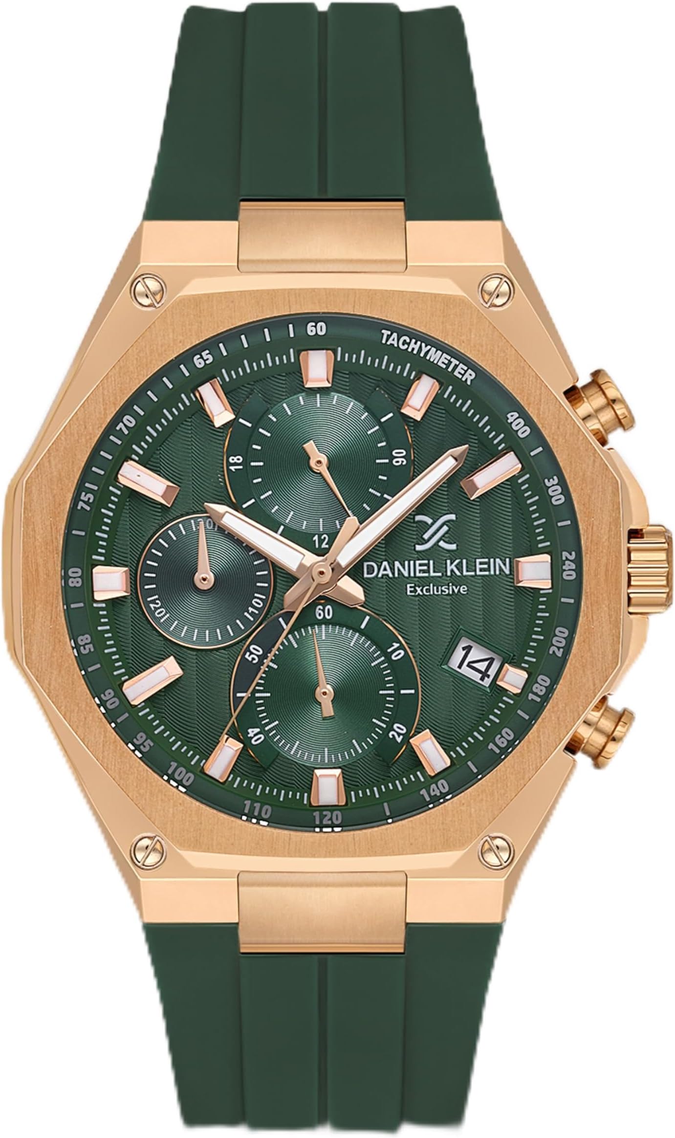 Daniel Klein Men Analog Watch | Pink Rose Gold Case | Dark Green Dial | Dark Green Silicone Band Strap | 45 mm | Water Resistant 5 ATM | DK.1.14258-4