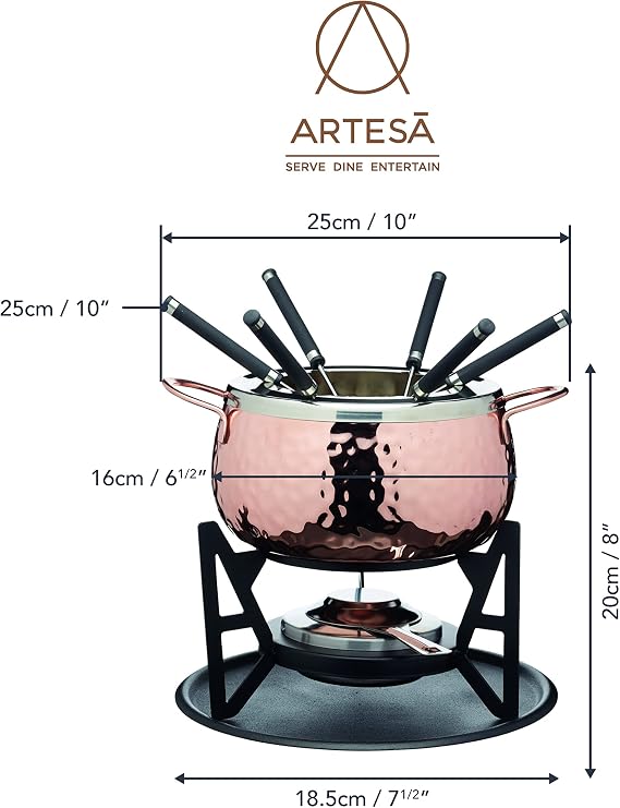 Artesà Fondue Set with 6 Stainless Steel Forks and Bowl, Ceramic Bowl, Metal Stand and Dual Fuel Burner, for Chocolate, Cheese or Meat, Copper