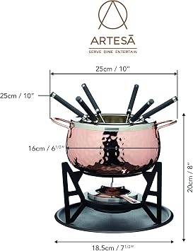 Artesà Fondue Set with 6 Stainless Steel Forks and Bowl, Ceramic Bowl, Metal Stand and Dual Fuel Burner, for Chocolate, Cheese or Meat, Copper