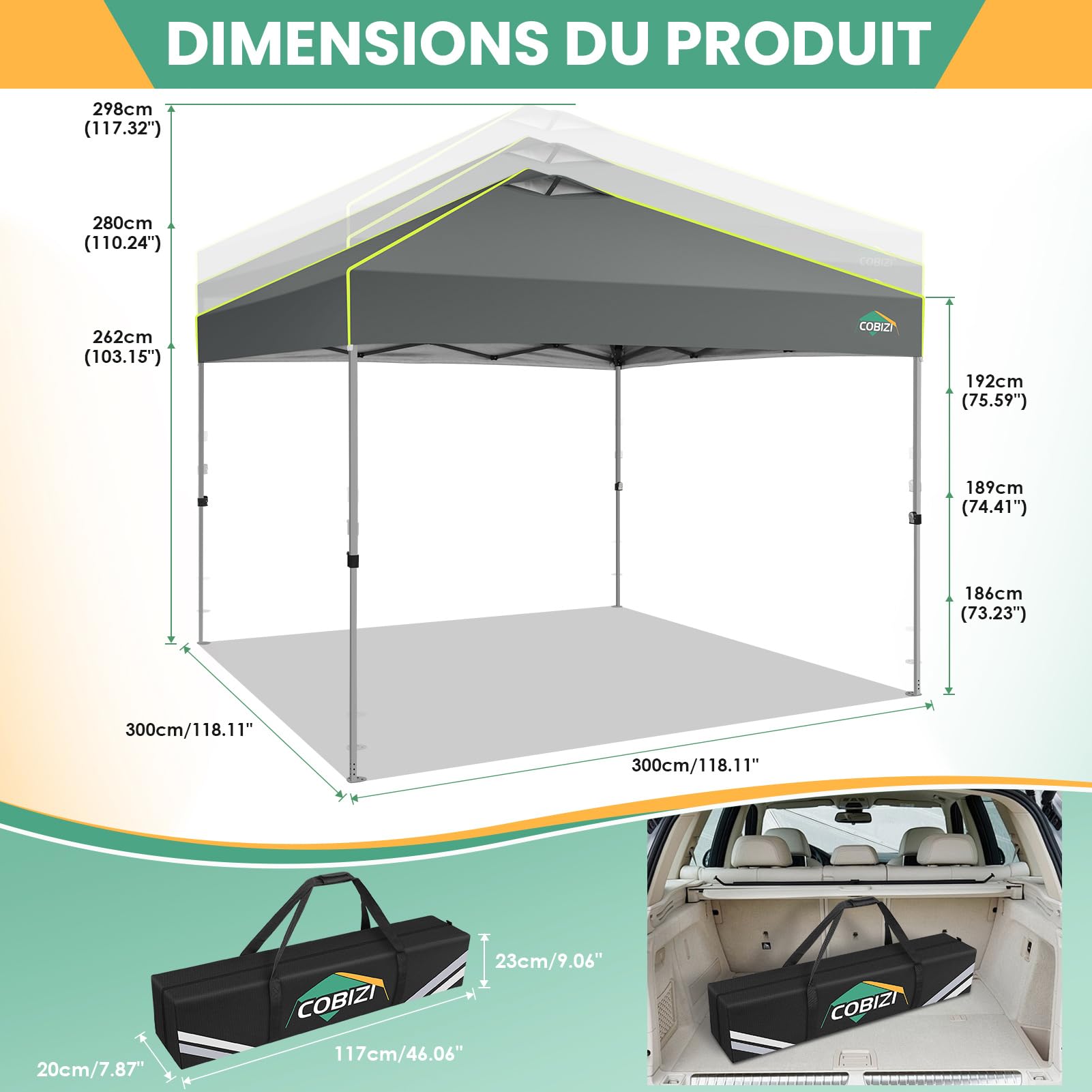 COBIZI Pavillon 3x3 Faltpavillon wasserdicht Winterfest, EIN-Tasten-Zentralverriegelung Partyzelt Faltbar Anti-UV mit Fluoreszierenden Streifen, 4 Seitenwänden, 3 Höhenverstellbar,Gartenzelt, Grau | Ein-Knopf-Zentralverriegelung, 4 SeitenwäNde, UV-Schutz,