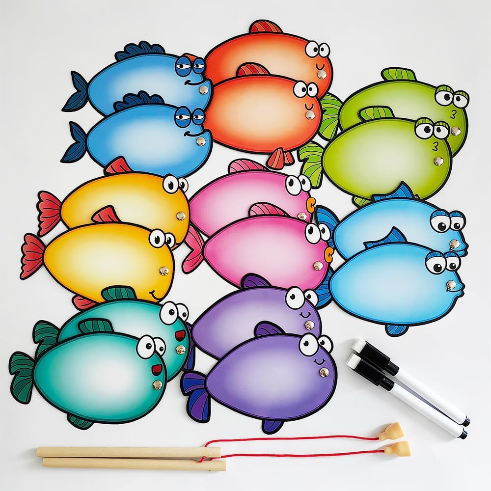 DIY Early Childhood Education Materials, Magnetic Fishing Game, Double Sides Dry Erasable 16 Fish Cards Pack, Sight Words and Math Games, Montessori Kindergarten Primary School Educational Toys