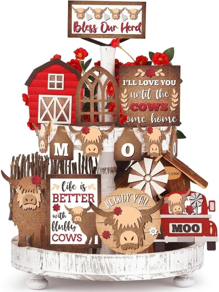 Highland Cow Tiered Tray Decor Set 20 Pcs Wood Rustic Farmhouse
