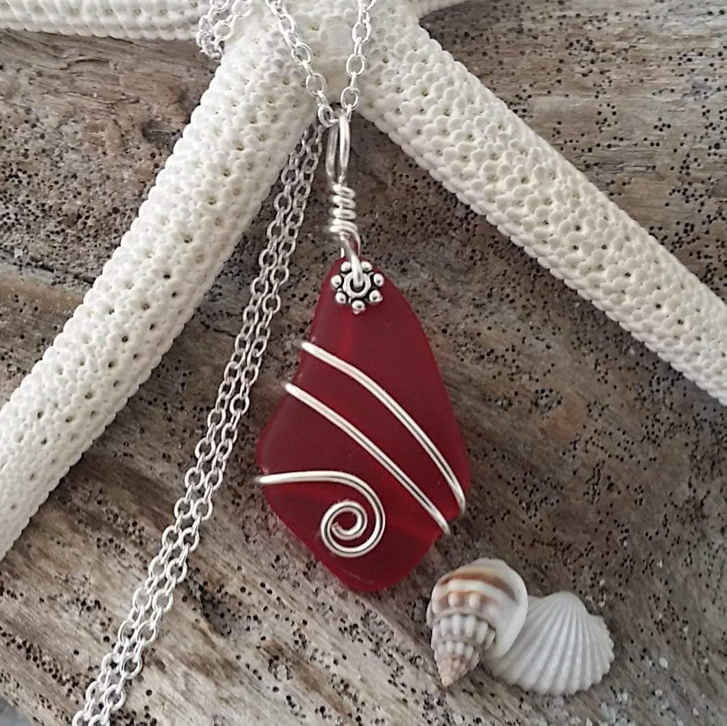 yinahawaii Handmade Sea Glass Necklace, Hawaiian Jewelry, Wire Red Necklace, Sea Glass Jewelry, Beach Glass Unique Birthday Gift For Women (January Birthstone)