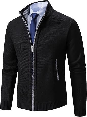 Mens Cardigan Sweaters Full Zip Up Stand Collar Slim Fit Casual Knitted Sweater with 2 Front Pockets