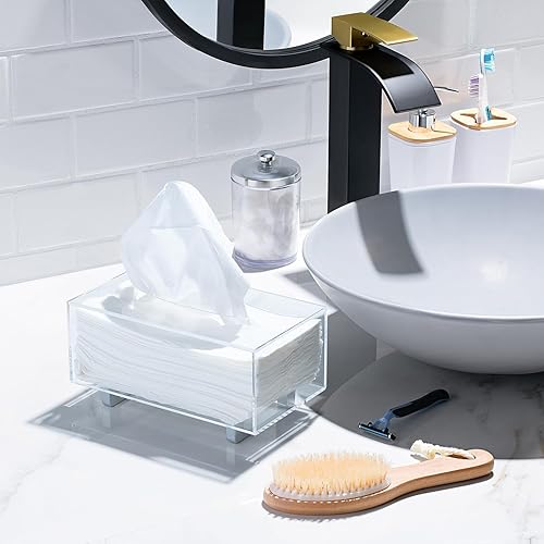 Miniatura 3 de YoBa Soporte de caja de pañuelos acrílico grueso Dispensador de caja de pañuelos rectangular con patas de aluminio plateadas en plata para baño,