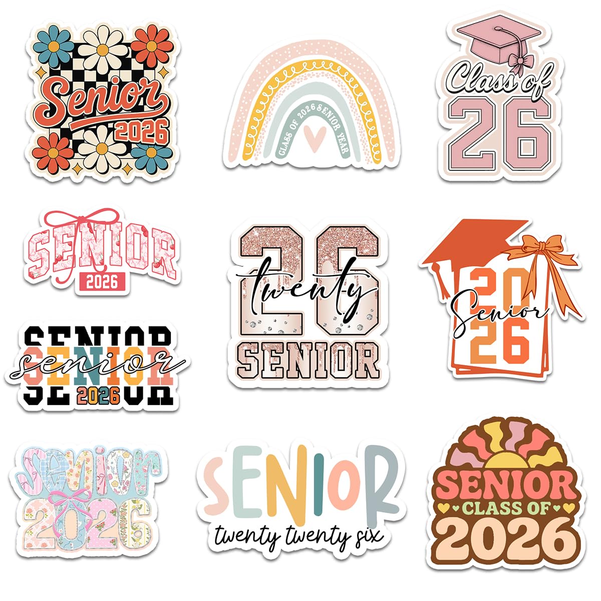 Photo 1 of (10pcs) Senior 2026 Sticker Pack, Cute Girly High School Graduation Stickers for Students, Waterproof Class of 2026 Gift, College Student Laptop Planner Tablet Kindle Car Decor (Senior 12, 3 Inches)