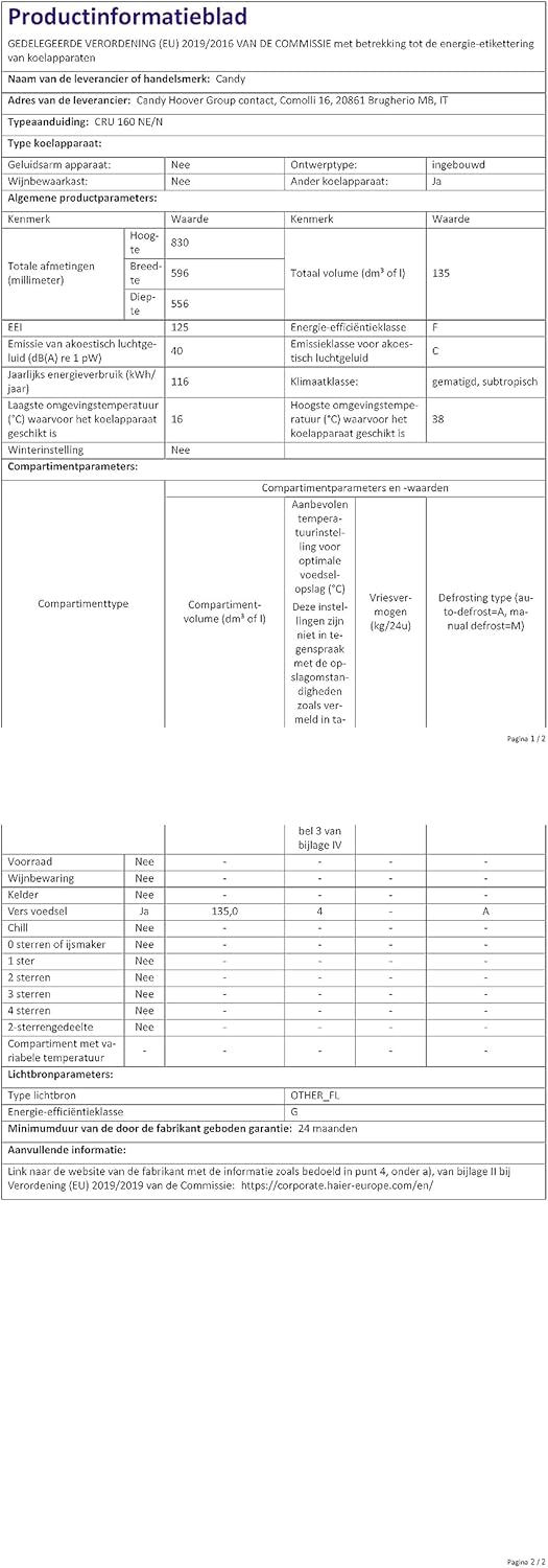 CANDY CRU 160 NE/N Frigorifero da incasso con porta a traino, anta singola, 135 litri. [Classe di efficienza energetica F]