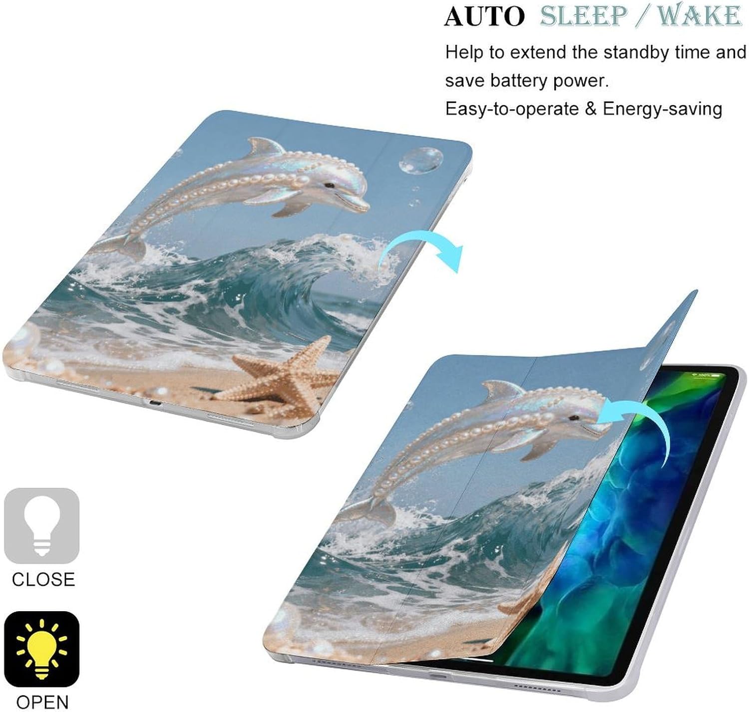 Pearl Dolphin Wave 12.9 in Trifold for iPad Case with Pencil Holder image 3