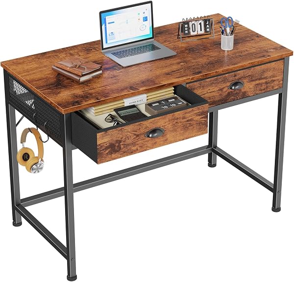 Furologee Computer Desk with 2 Fabric Drawers, 36 Inch Small Home Office Writing Table, Vanity with Hooks, Simple Study