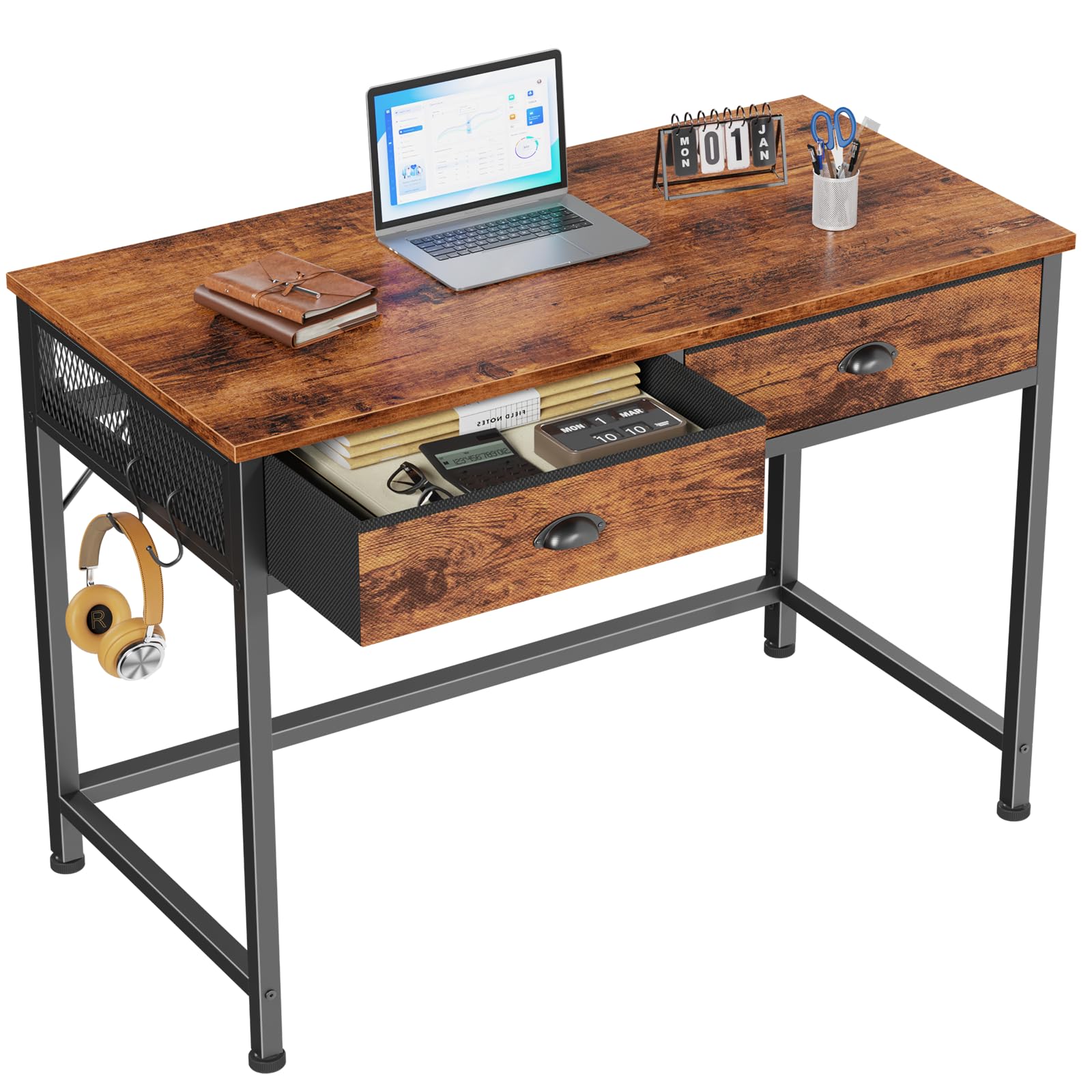 Furologee Small Computer Desk with 2 Fabric Drawers, 40 Inch Simple Home Office Desk, Writing Desk with Hooks, Study Table for Working Small Spaces,