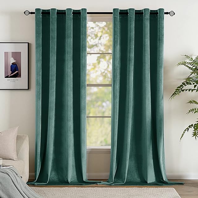 EMEMA Velvet Blackout Curtains Thermal Insulated Curtain Pair Eyelet Room Darkening Drapes for Living Room Kids Bedroom 46" W x 54" L 117x137 cm 2 Panels Dark Green