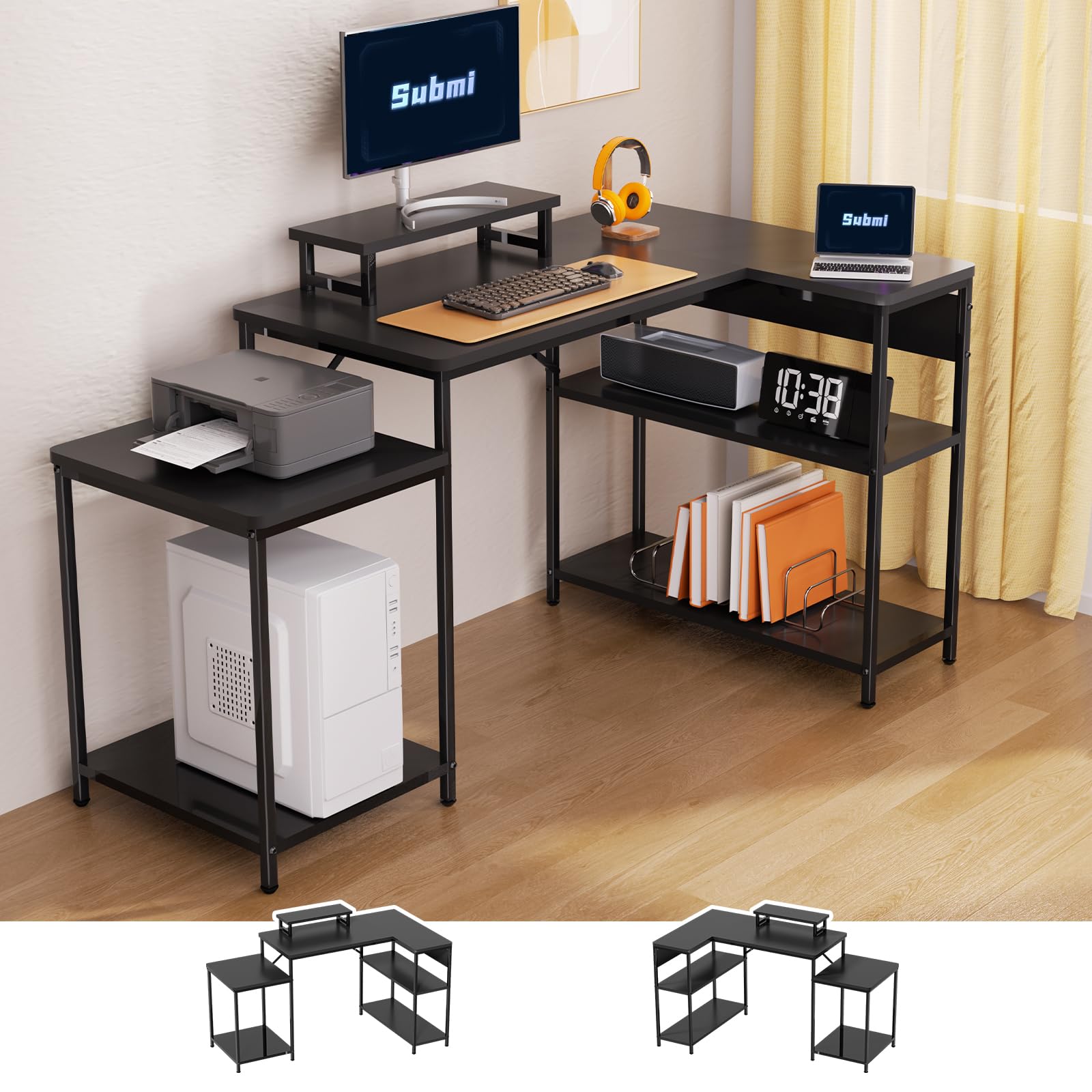 Escritorio Esquinero, 152x80cm Mesa Escritorio en L con Monitor Stand, Escritorios Esquina Reversible con Almacenamiento para Oficina en Casa, Altura Regulable Escritorios Gaming, Negro