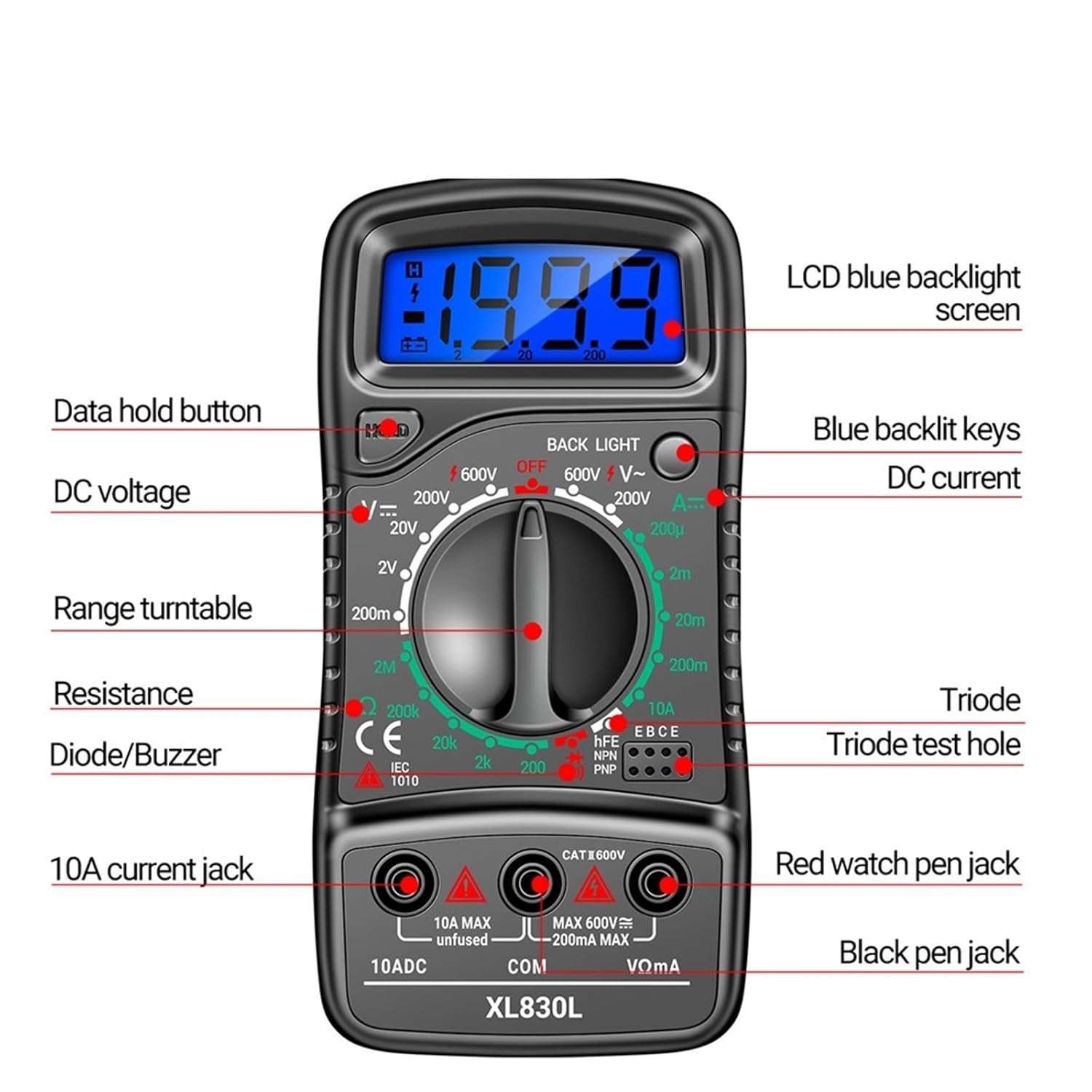 1pc XL830L Digital Multimeter Capacitance Meter Meter Testers Automotive Electrical Dmm Transistor Peak Tester Meter