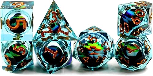 Miniatura 6 de Juego de dados DND, juego de dados de globo ocular de dragón con caja, juego de dados poliédricos de borde afilado para juegos de rol de Dungeons