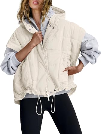 Yanekop Cropped Puffer Vest Women Lightweight Quilted Jacket Oversized Poncho Stand Collar Full Zip Sleeveless Coat