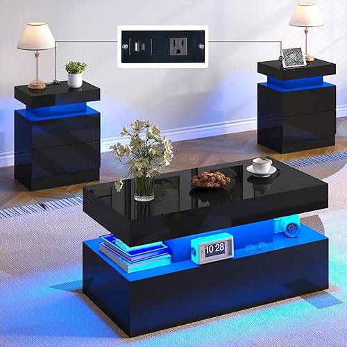 3 Pieces Living Room Table Set, Modern High Gloss Coffee Table Set with LED Light and Storage Space, 2 End Side Tables