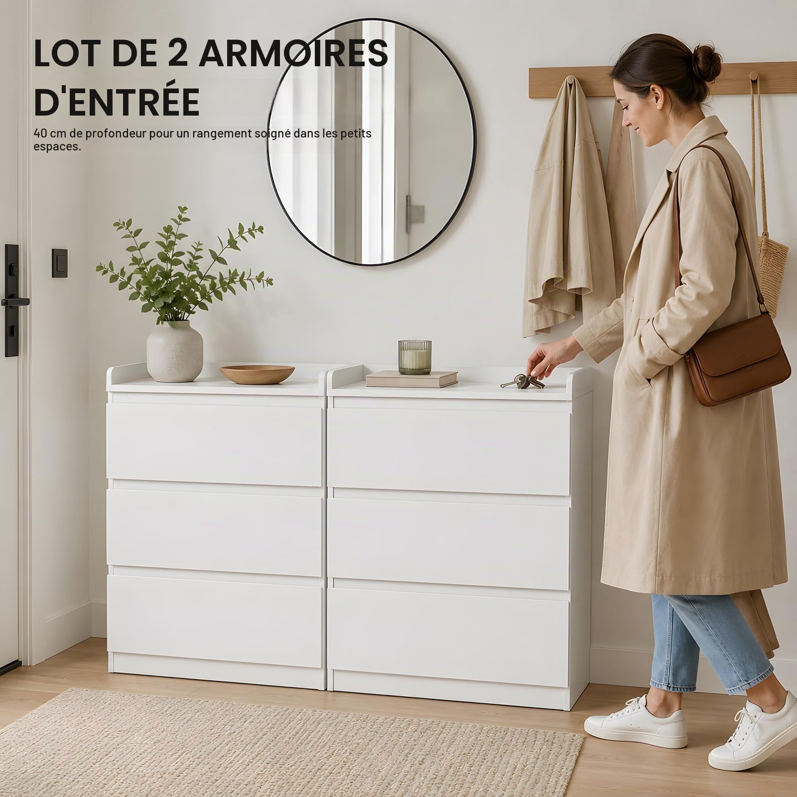 Lot de 2 commodes à langer Blanches, 70 x 40 x 80 cm | 3 tiroirs chacun avec bord surélevé, pour jumeaux, chambre de bébé, chambre à coucher, salon