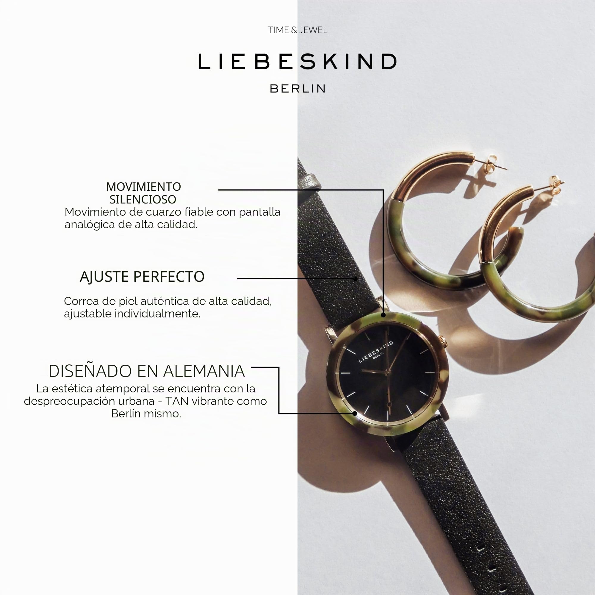 Liebeskind Berlin Reloj De Pulsera para Mujer – Redondo Caja con Gemustertem Acetat-Topring – Correa De Cuero – Sencillos Esfera – Elegantee Reloj De Cuarzo