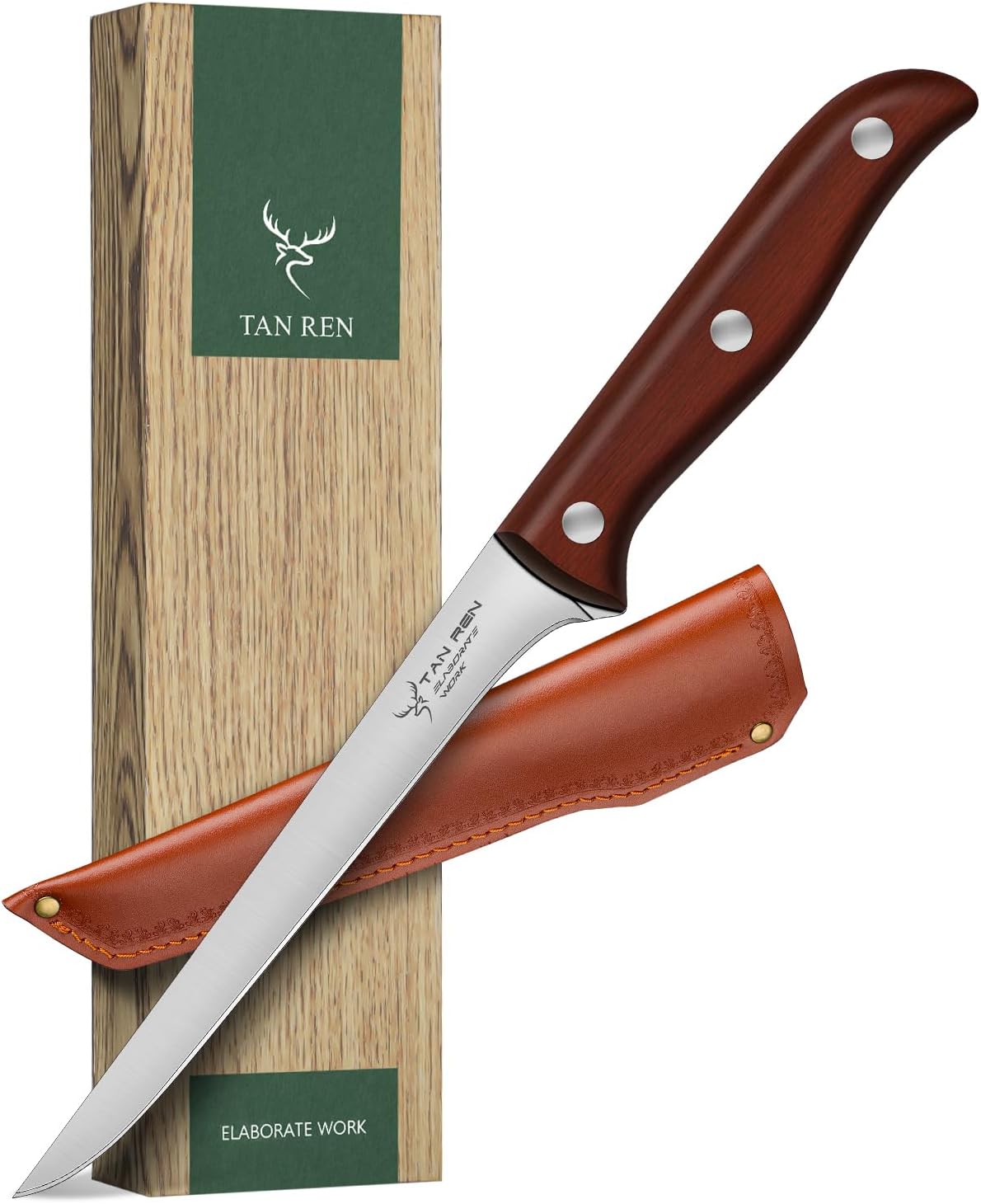 TAN REN Boning Knife - 6 Inch Stainless Steel, Flexible Curved Knife for Meat Cutting and Trimming, Includes Sheath