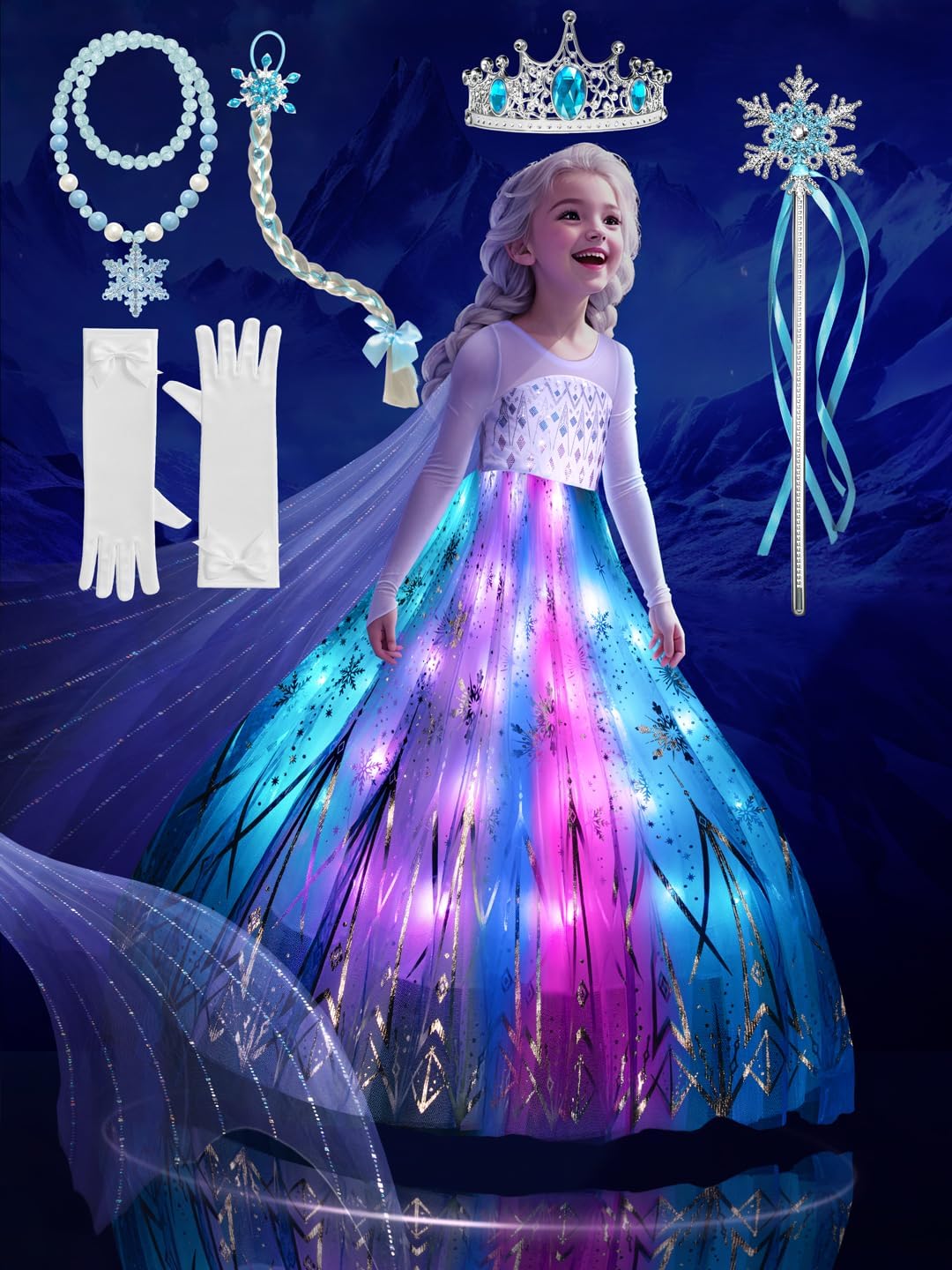 Princess Costume, RGB LED Light Up Syncs Music App Control, Toddler Princess Dress Up Halloween Costume