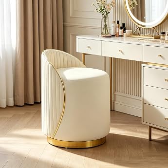 Dressing Stool for Dressing Table Round Dressing Table Chair Squat with Leather Cover and Wooden Frame 360  Rotatable Footstool Upholstered Stool for Living Room Bedroom Beige 37 x 37 x