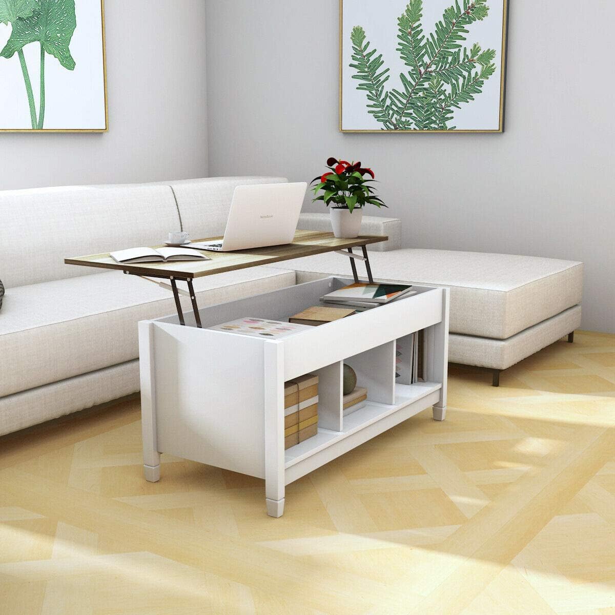 DORTALA Lift Top Coffee Table, Wood Cocktail Table w/Hidden Compartment & Lower Storage Shelves, Wood Laptop Table, Lift Tabletop Home Furniture for Living Room, Guest Room, Office, White