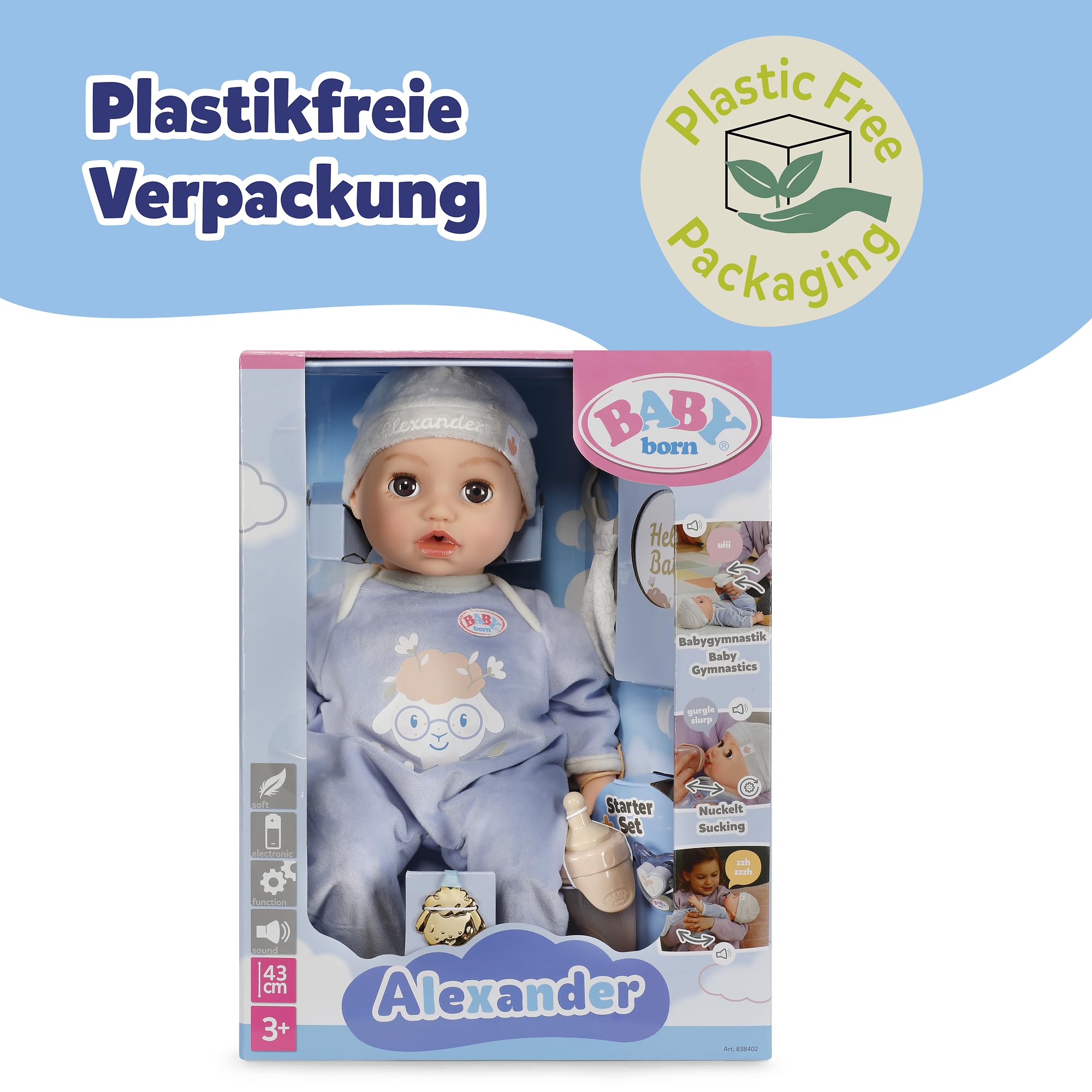 BABY Born Alexander 43cm, weiche 43cm große Puppe mit 7 elektronischen Funktionen und Sound für Kinder ab 3 Jahren, inkl. Zubehör