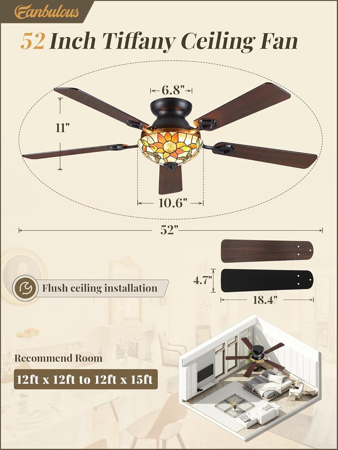Fanbulous 52 Inch Tiffany Ceiling Fan Chandelier Stepless Color 24W LED, Remote & APP Control Quiet DC Motor Flush Mount Ceiling Fan, Retro Stained Glass Shade, 5 Dual-Finish Blades for Living Room