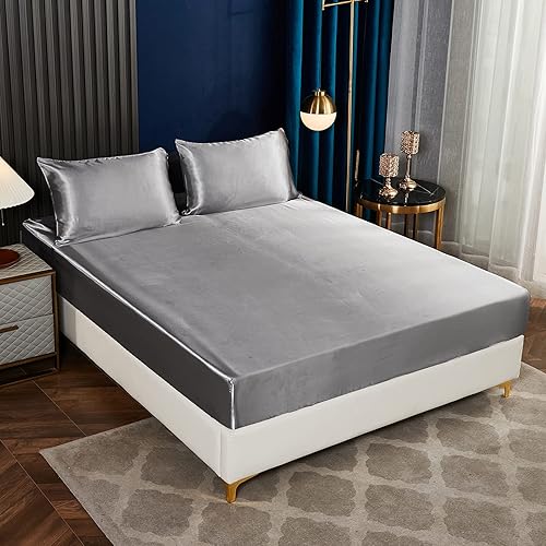 Miniatura 4 de Juego de sábanas de satén tamaño matrimonial, sábanas grises similares a la seda, juego de sábanas sedosas de lujo con 1 sábana bajera de bolsillo