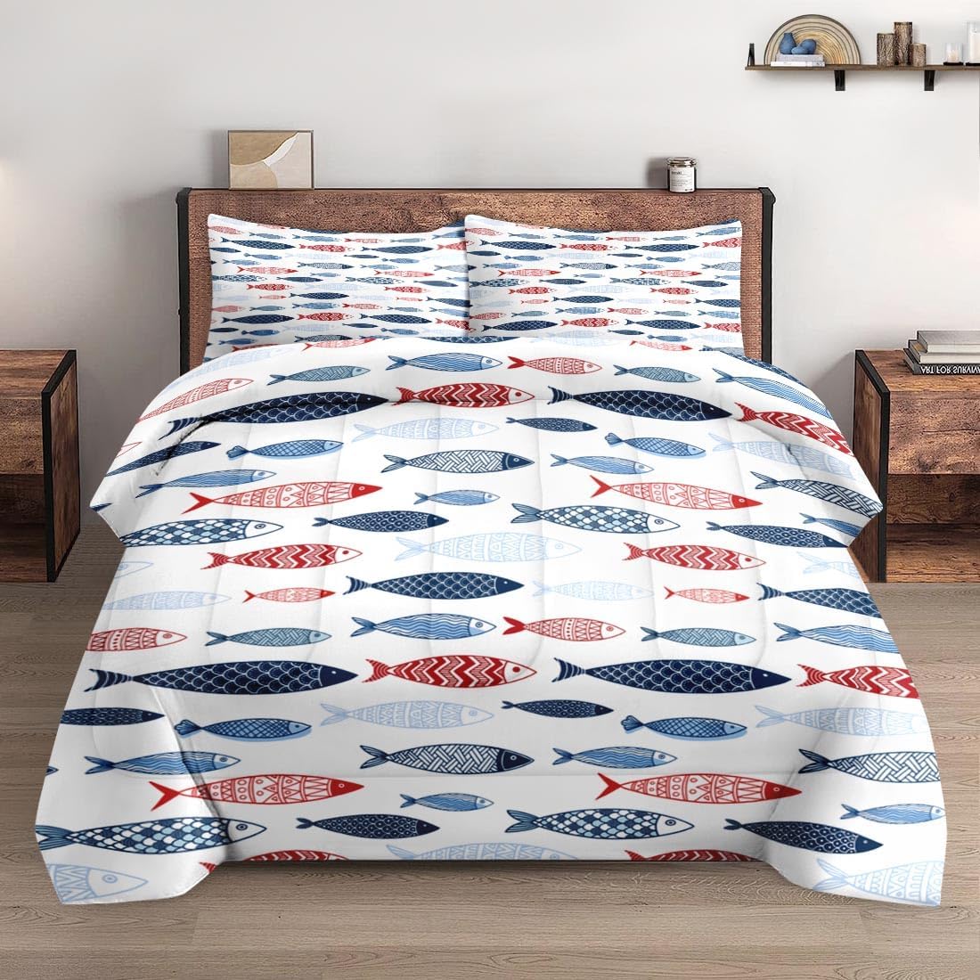 Comforter Set Full Size, Fish Blue Summer Soft 3 Pcs Bedding for Kids and Adults, Red Sea Cute Comforter Set with Pillowcase, for Bedroom Bed Decor