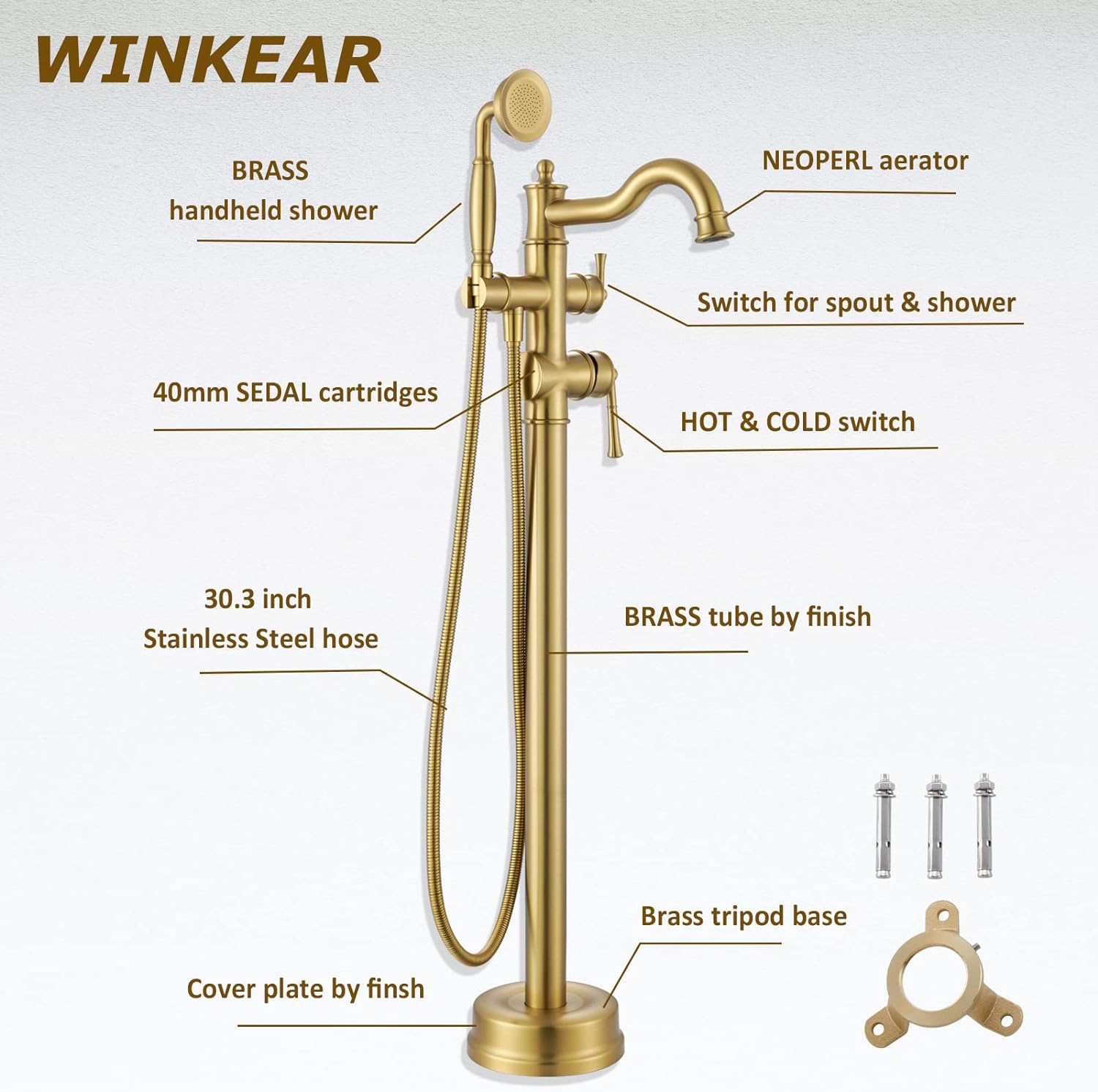 Freestanding Floor Mount Tub Filler with Handheld Shower Roman Bathtub Faucet by Brushed Gold Finish, Swivel Spout with Brass Rough-in and Water Hose - Image 5