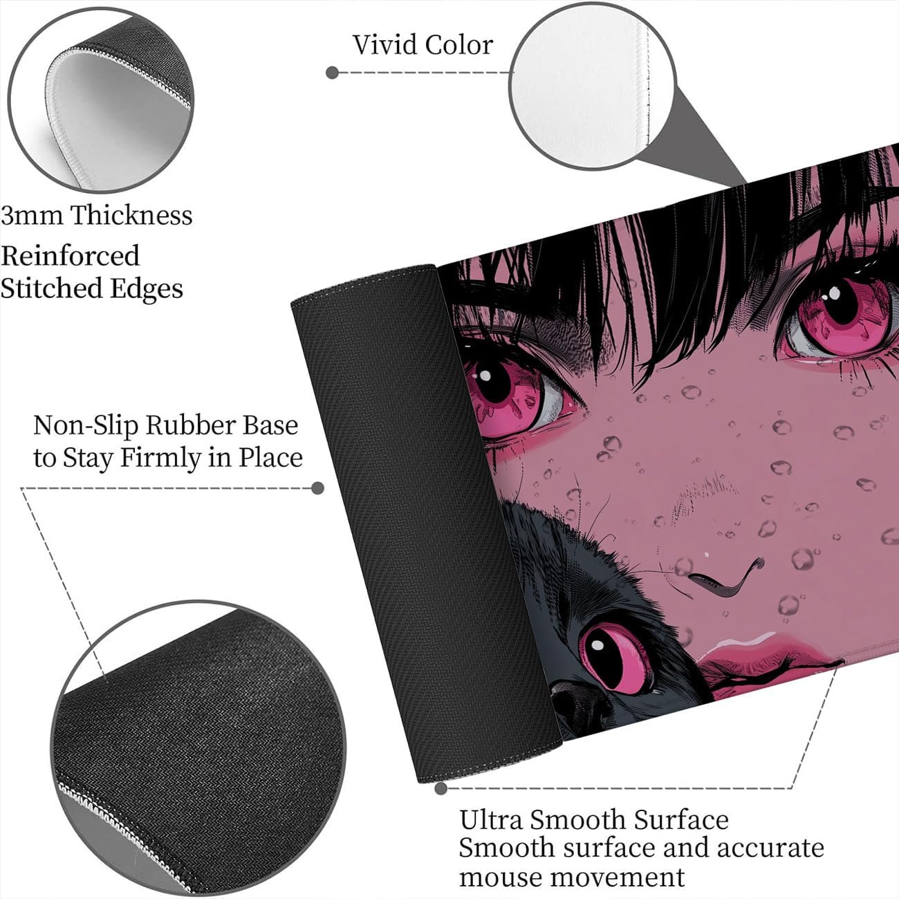Anime Girl Gaming Large Mouse Pad, Manga Pink Eyes Cute Cat Large Gaming Mouse Mat with Stitched Edges,Non-Slip Waterproof Rubber Base Mous Mat, Office Computer Keyboard Laptop Home, 31.5”x11.8” - Image 6