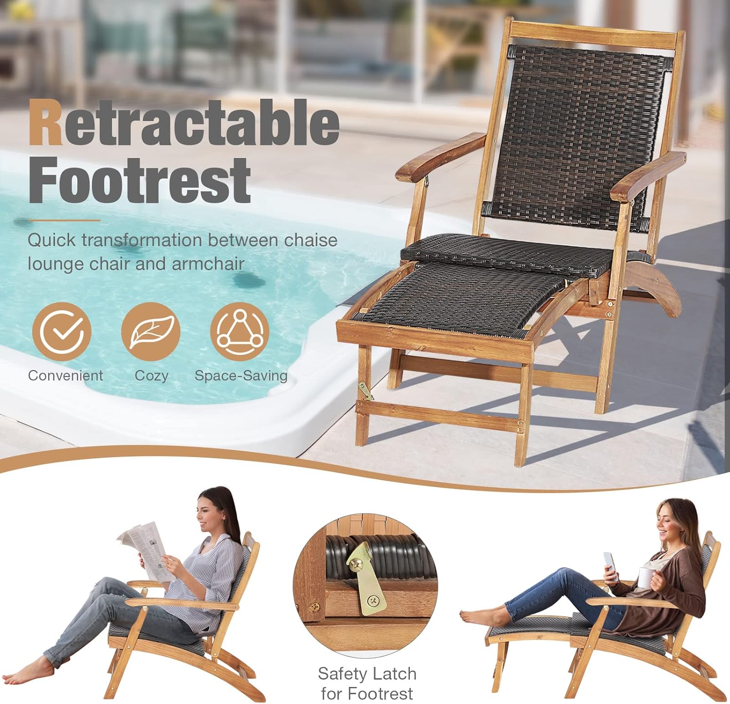 RELAX4LIFE Patio Lounge Chair Set - Outdoor Acacia Wood Chaise Lounge w/Side Table, Armrest & Retractable Ottoman, Rattan Seat, Tabletop, Quick Folding Sunbathing Chair for Backyard, Poolside (2)