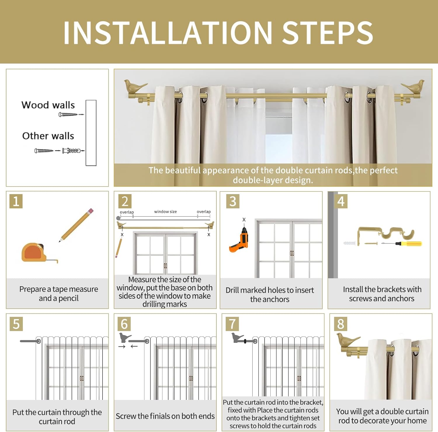 MERIVILLE 3/4" Diameter Farmhouse Double Window Treatment Curtain Rod, Bird Finials (84"-120", Cottage)