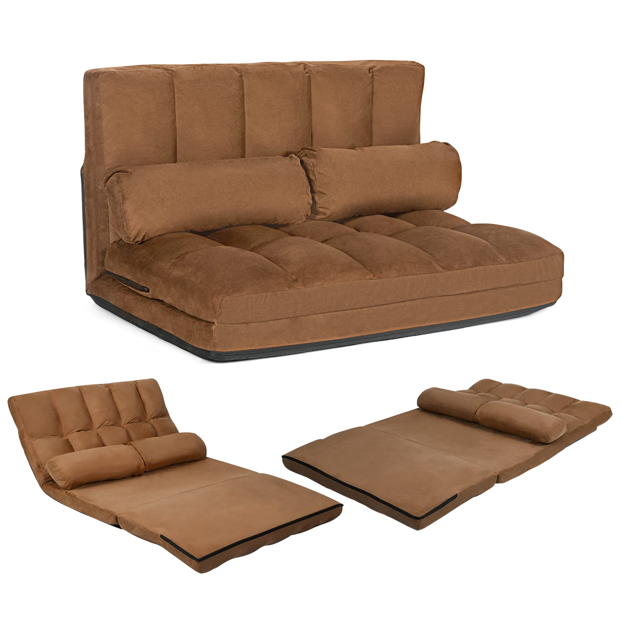 KOMFOTT Adjustable Floor Sofa Bed, Foldable Lazy Sofa Sleeper Bed with 6 Position Backrest & 2 Pillows, Convertible Futon Couch Bed with Suede Cloth