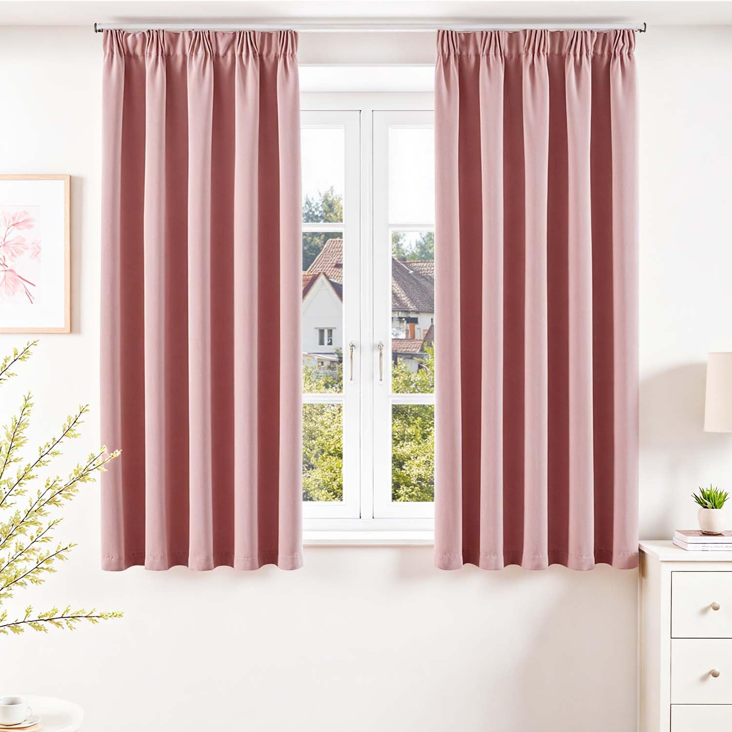 Vangao Gardinen mit Kräuselband Kurz Wohnzimmer H145 x B140cm 2er Set Gardinen Blickdicht Küche Schlafzimmer Kinderzimmer Thermo Verdunkelnd Fenster Modern Blackout Curtains, Rosa