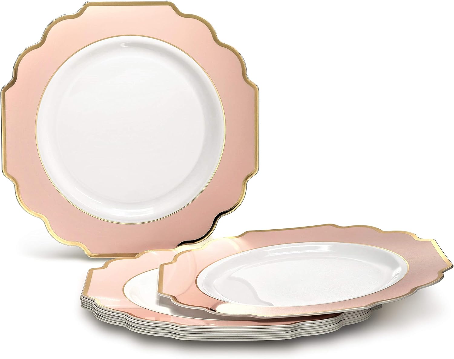 OCCASIONS Pink Plastic Plates - 50 Plates Pack (25 Guests) Heavyweight Disposable Dinner & Dessert Plate Set for Wedding, Party, Baby Shower (25x10.5" + 25x8") Imperial in Blush Pink & Gold