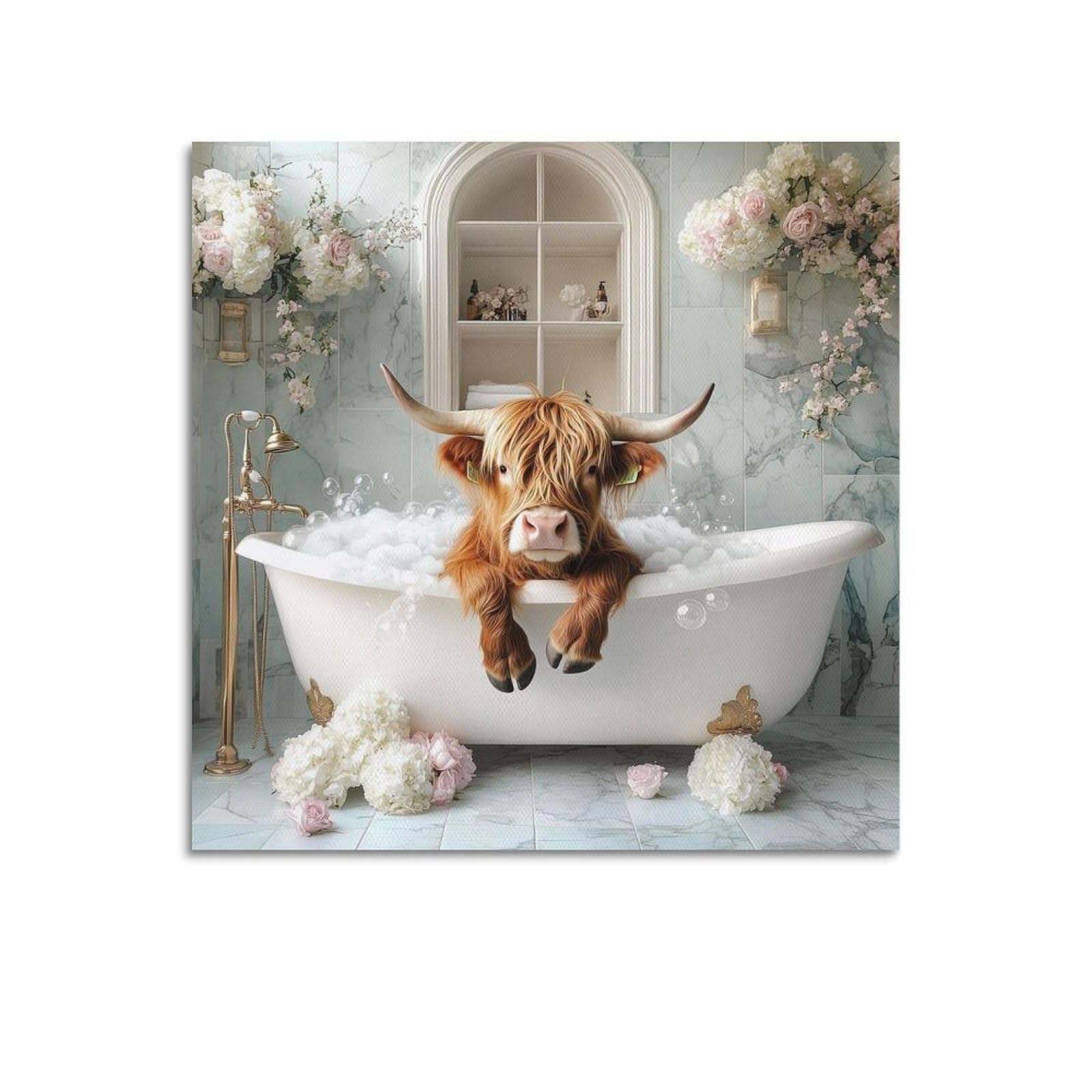 ESTE Highland Cow Bathtub Artwork Poster Decorative Painting Canvas Modern Art Picture 24x24inch(60x60cm)