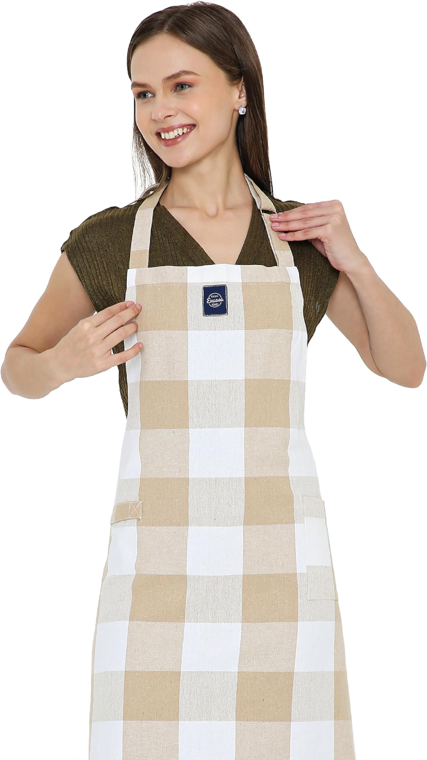 Encasa XO Apron for Kitchen for Men & Women, Cotton Fabric with Adjustable Straps, Pocket & Towel Holder for Easy cooking- Buffalo Beige Checks | 27"x33"